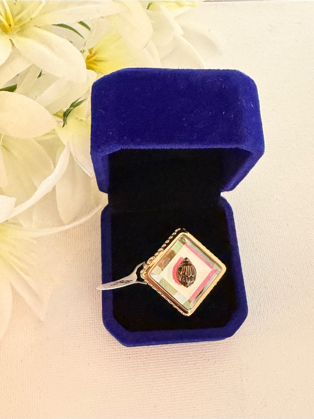 Kurt Geiger Iridescent Square Crystal Accent Ring with Gold -Tone Band Sz 8 NEW